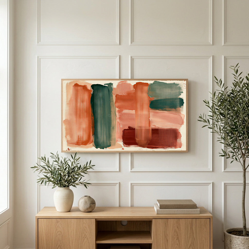 Boho brushstroke art on a TV above a light oak sideboard with olive branches in a bright living room