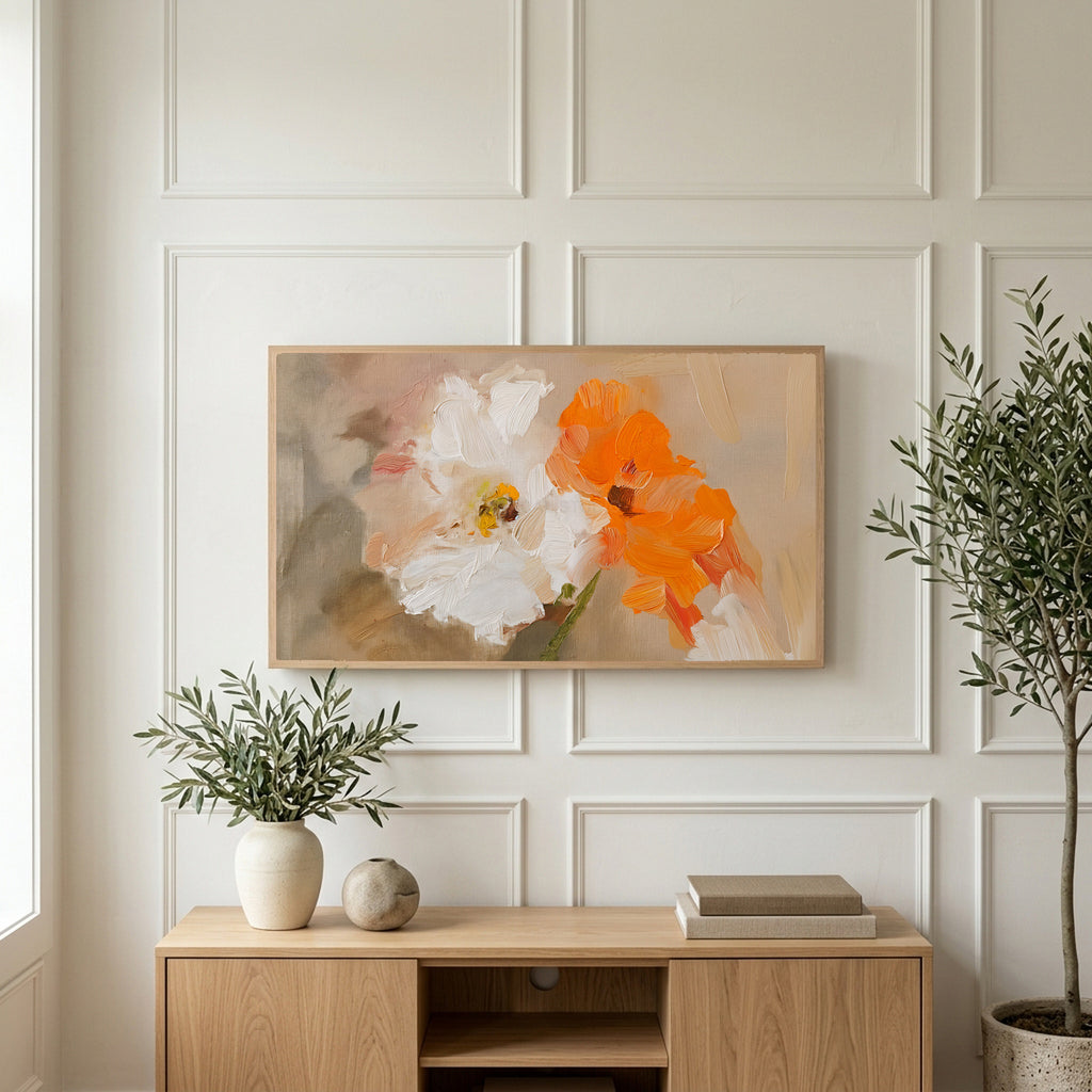 Poppy art on a TV above a light oak sideboard with olive branches in a bright living room