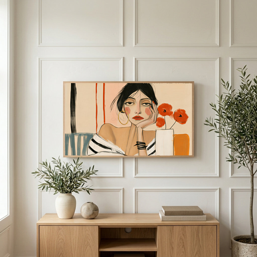 Woman with poppies portrait art on a TV above a light oak sideboard with olive branches in a bright living room