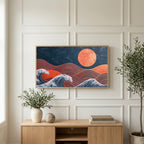 Japanese waves and sun art on a TV above a light oak sideboard with olive branches in a bright living room
