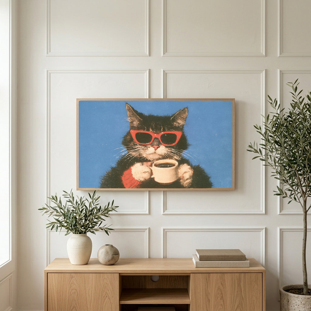 Coffee cat in sunglasses art on a TV above a light oak sideboard with olive branches in a bright living room