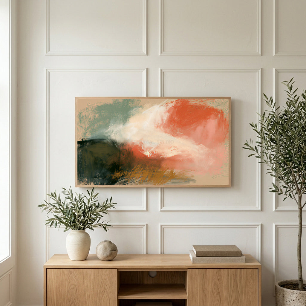 Chalk pastel abstract art on a TV above a light oak sideboard with olive branches in a bright living room