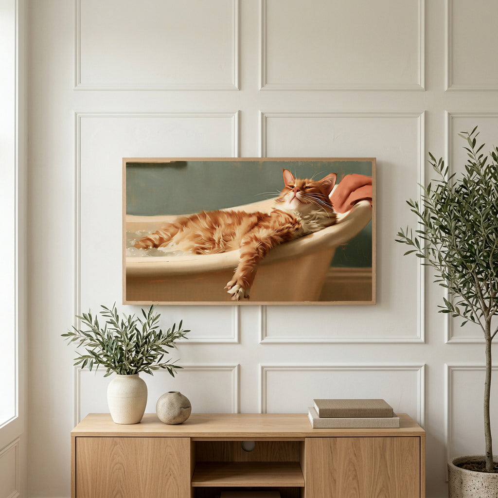 Cat in a bathtub art on a TV above a light oak sideboard with olive branches in a bright living room