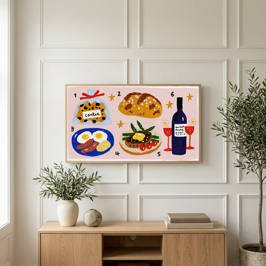 Food and wine doodles art on a TV above a light oak sideboard with olive branches in a bright living room