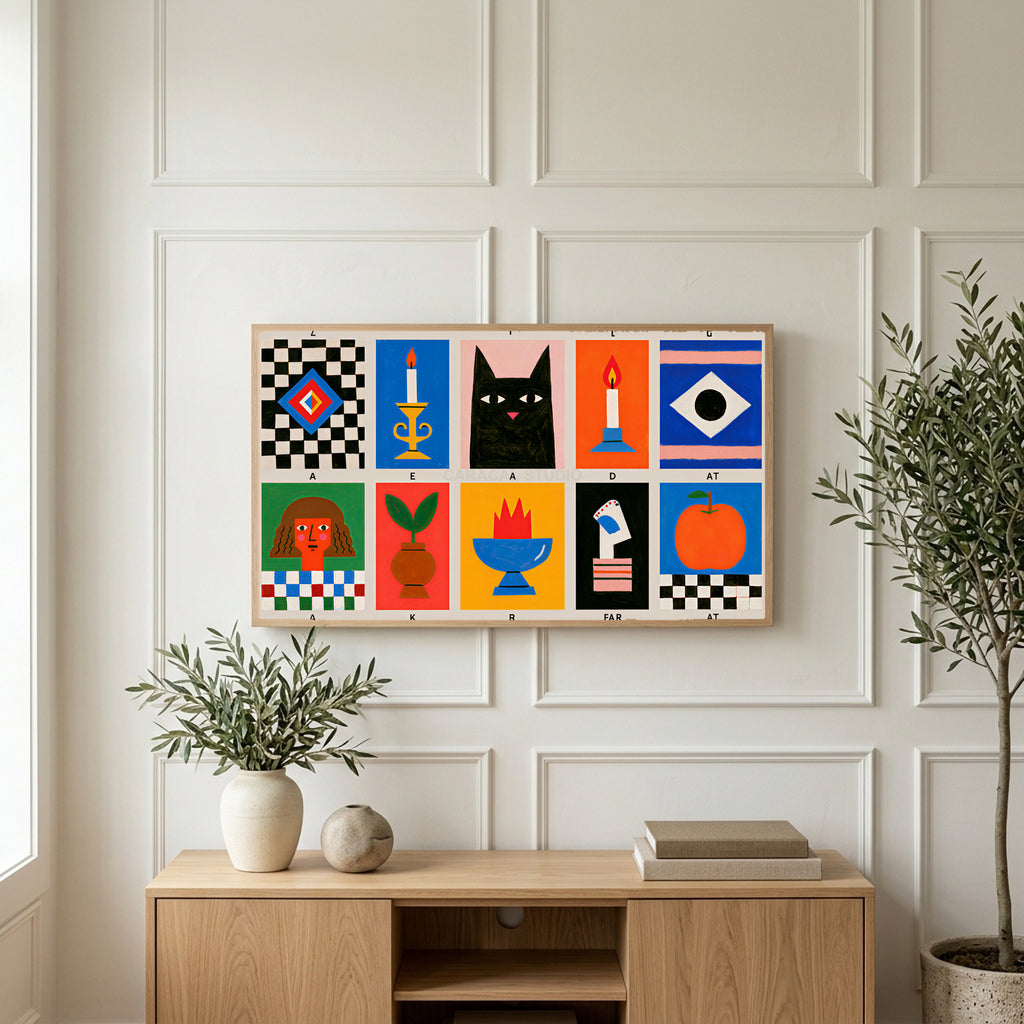 Mid century grid art on a TV above a light oak sideboard with olive branches in a bright living room