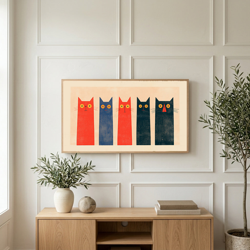 Five tall cats art on a TV above a light oak sideboard with olive branches in a bright living room