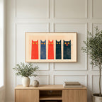 Five tall cats art on a TV above a light oak sideboard with olive branches in a bright living room