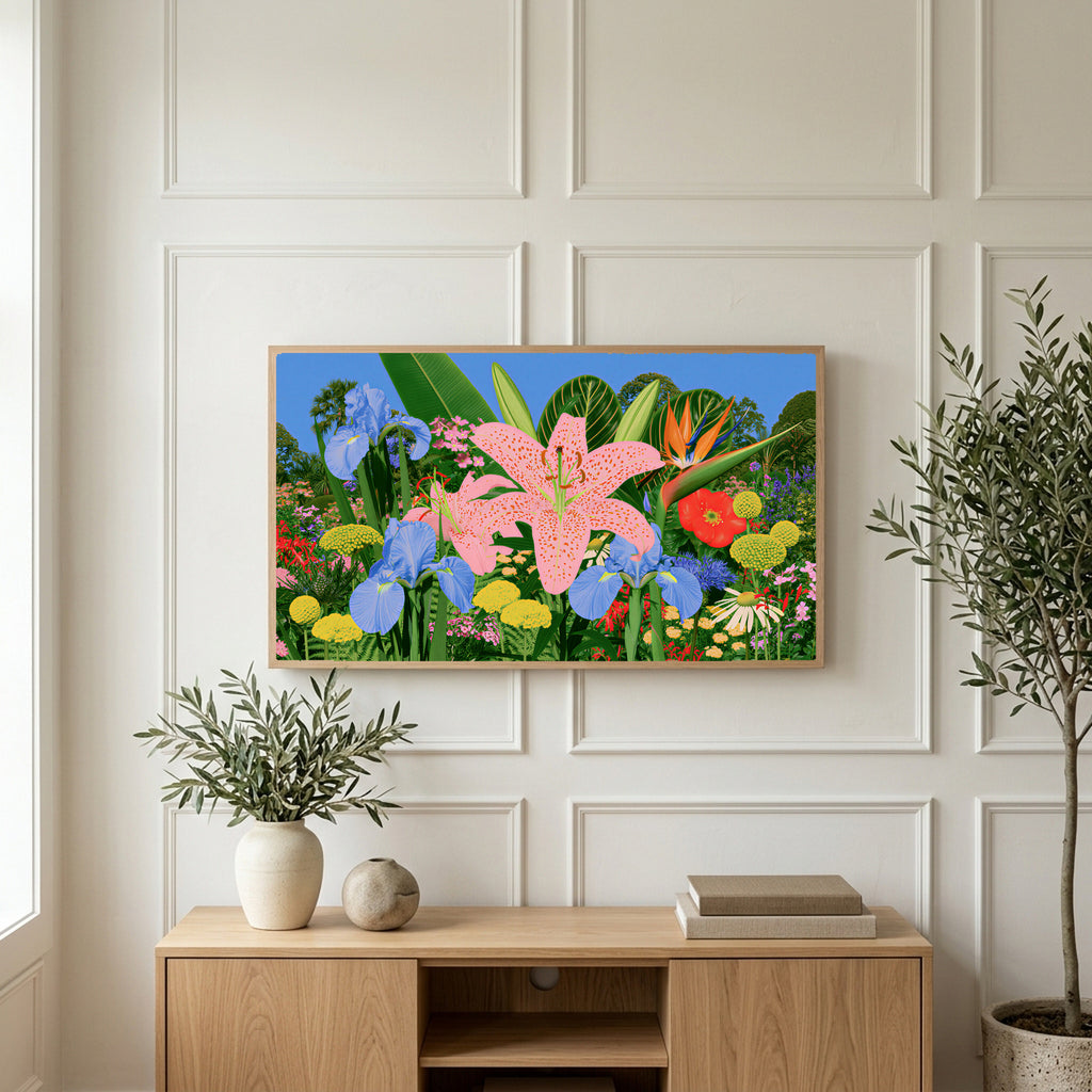 Tropical flower garden art on a TV above a light oak sideboard with olive branches in a bright living room