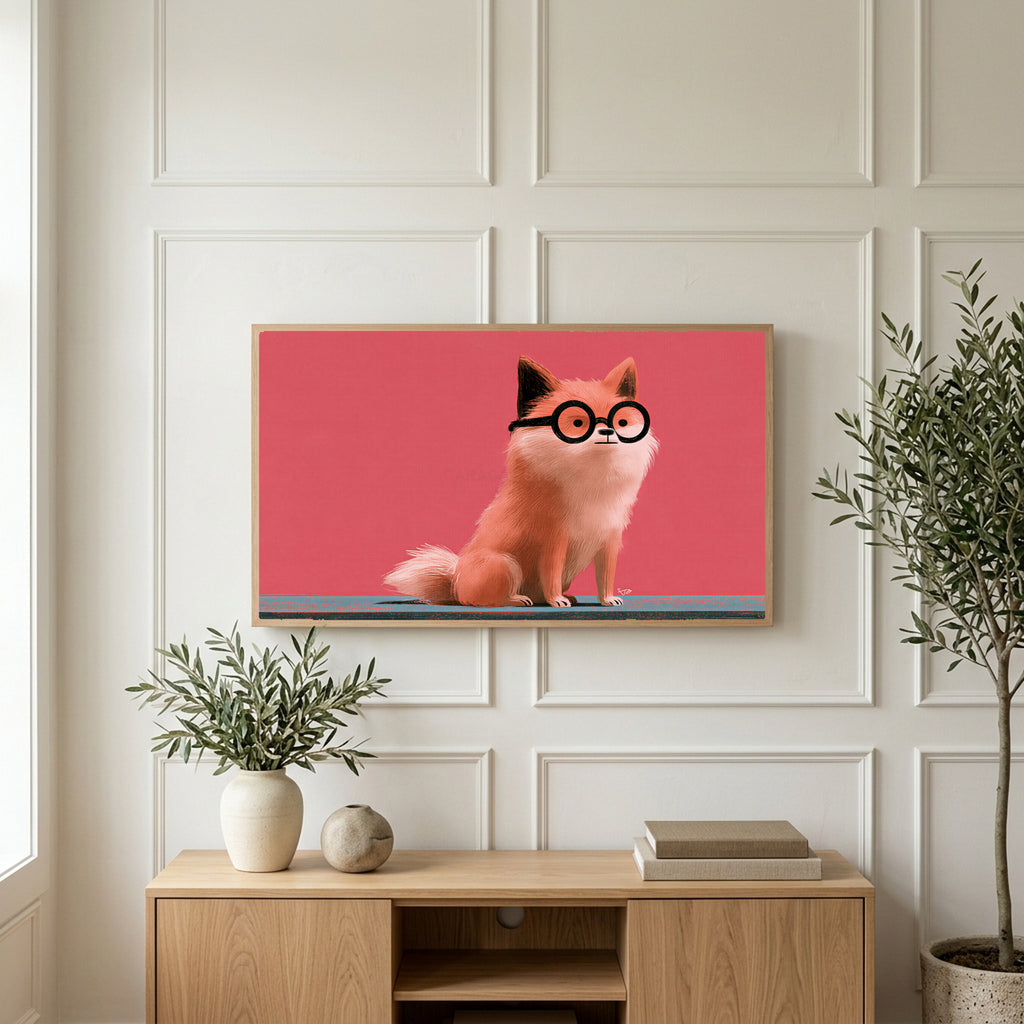 Dog in glasses art on a TV above a light oak sideboard with olive branches in a bright living room