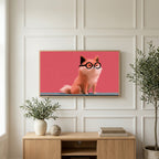 Dog in glasses art on a TV above a light oak sideboard with olive branches in a bright living room