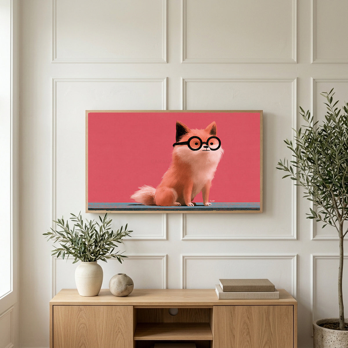 Dog in glasses art on a TV above a light oak sideboard with olive branches in a bright living room