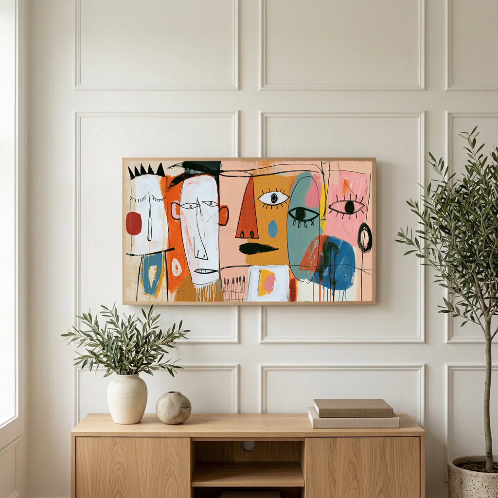 Colorful abstract faces art on a TV above a light oak sideboard with olive branches in a bright living room