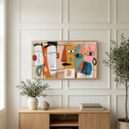 Colorful abstract faces art on a TV above a light oak sideboard with olive branches in a bright living room