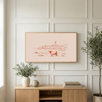 Highland cow lighthouse art on a TV above a light oak sideboard with olive branches in a bright living room