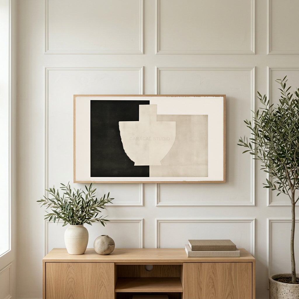 Torn paper vase collage art on a TV above a light oak sideboard with olive branches in a bright living room