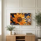 Swirling golden sunflower art on a TV above a light oak sideboard with olive branches in a bright living room