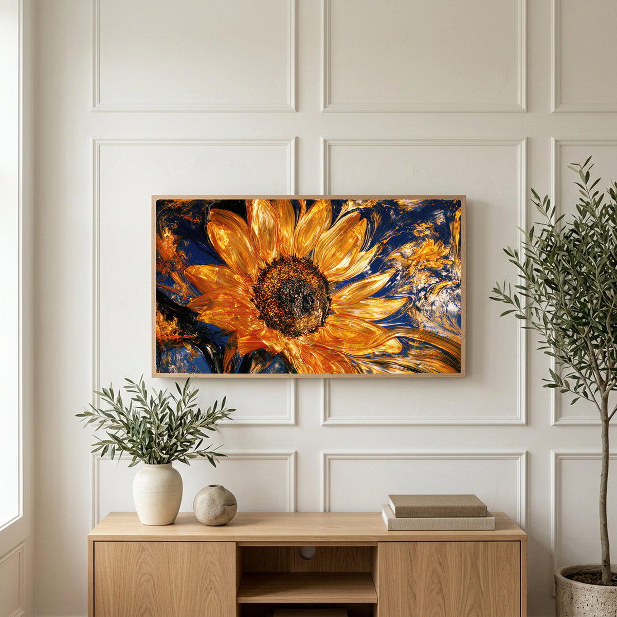 Swirling golden sunflower art on a TV above a light oak sideboard with olive branches in a bright living room