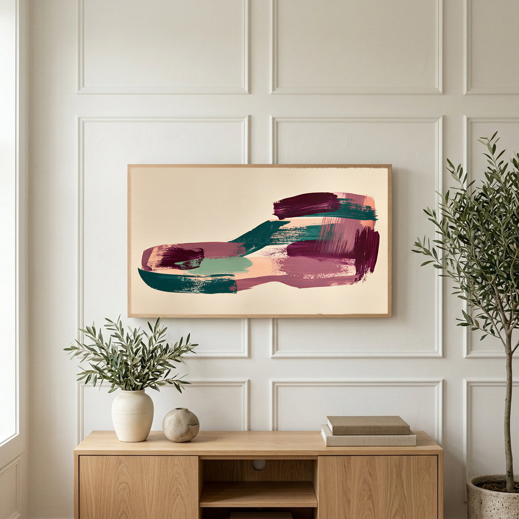 Abstract plum and teal brushstrokes art on a TV above a light oak sideboard with olive branches in a bright living room