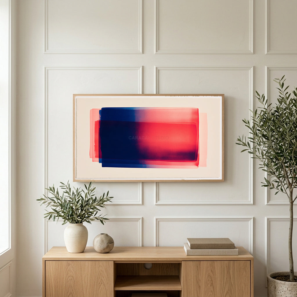 Color field art on a TV above a light oak sideboard with olive branches in a bright living room
