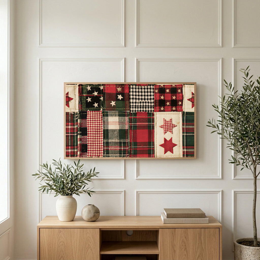 Plaid patchwork quilt art on a TV above a light oak sideboard with olive branches in a bright living room