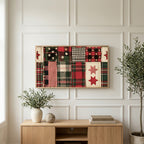 Plaid patchwork quilt art on a TV above a light oak sideboard with olive branches in a bright living room