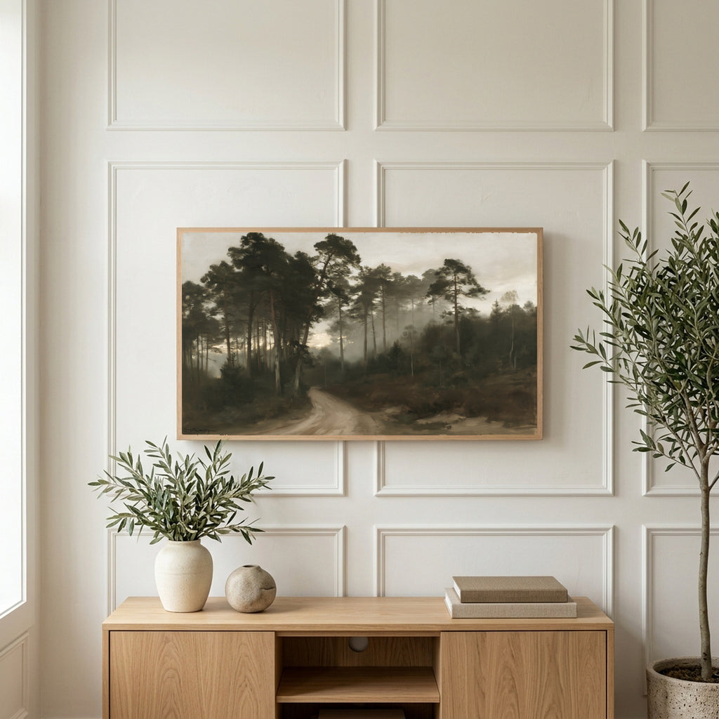 Misty pine forest path art on a TV above a light oak sideboard with olive branches in a bright living room