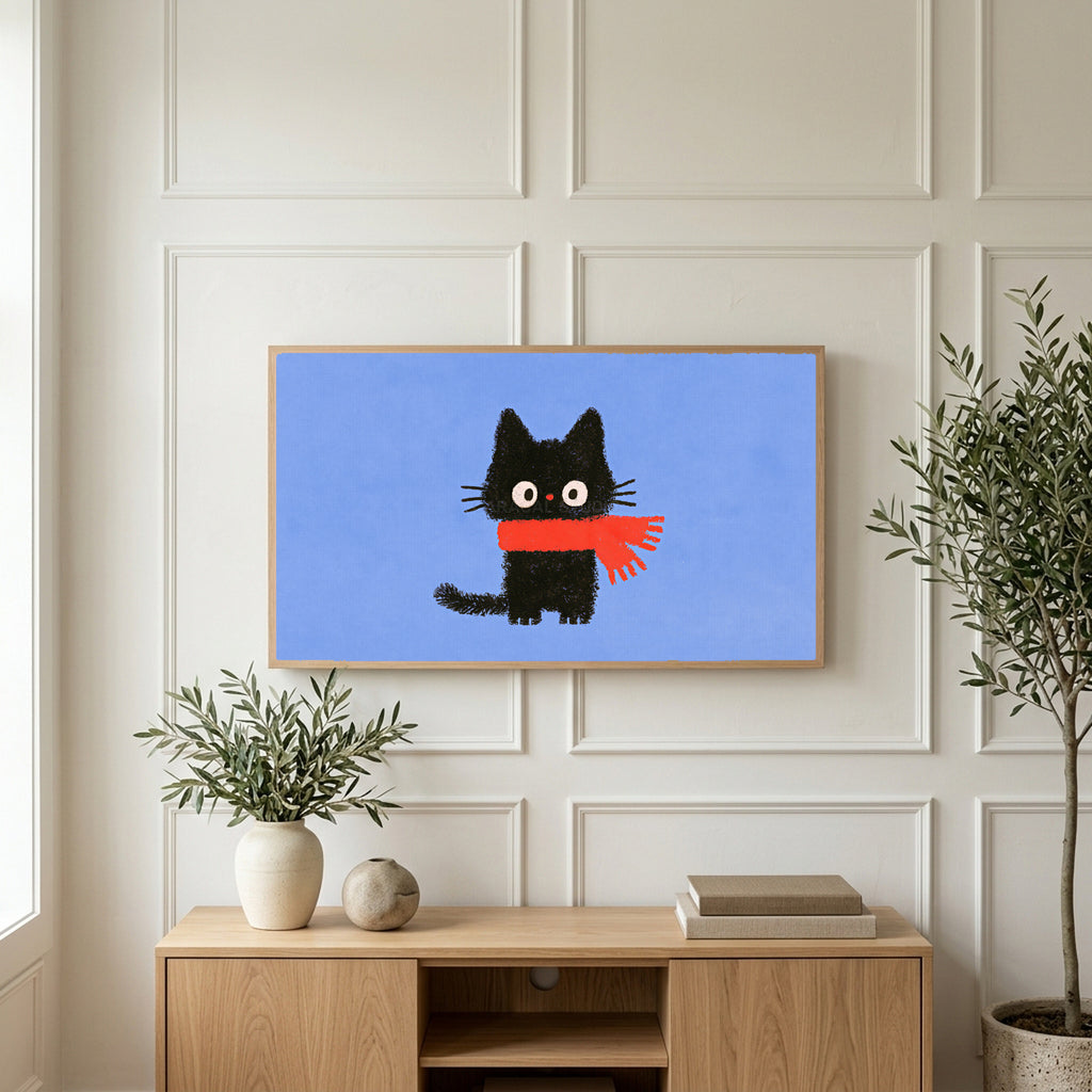 Black kitten in a scarf art on a TV above a light oak sideboard with olive branches in a bright living room