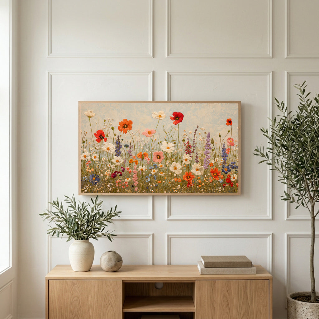 Wildflower meadow art on a TV above a light oak sideboard with olive branches in a bright living room