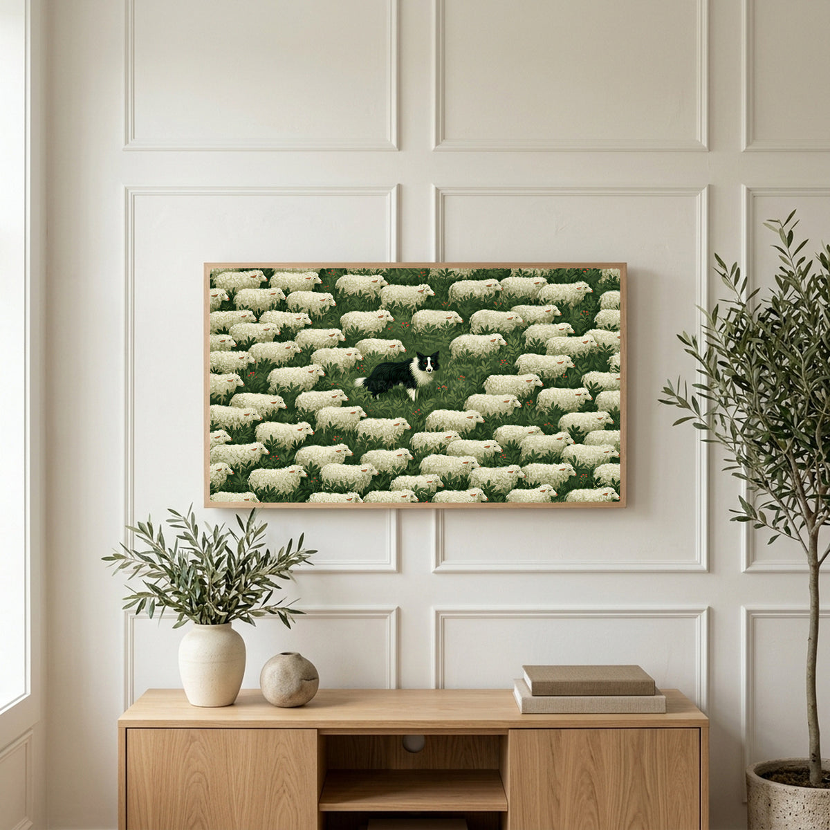 Border collie and sheep art on a TV above a light oak sideboard with olive branches in a bright living room