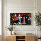 Folk fairy tale wolves art on a TV above a light oak sideboard with olive branches in a bright living room