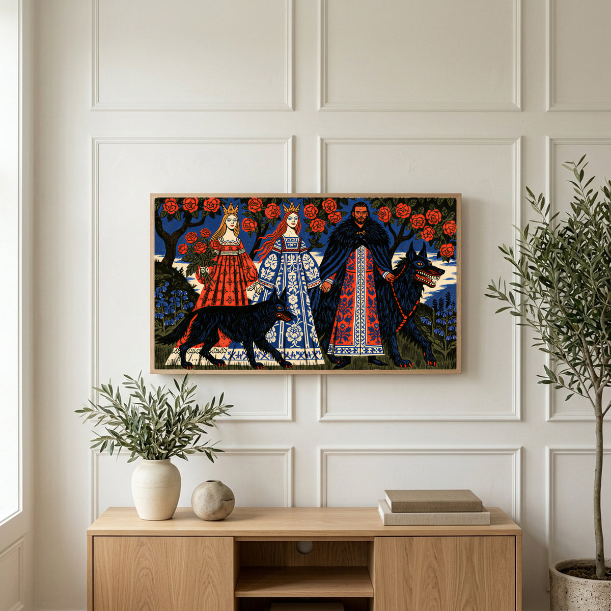 Folk fairy tale wolves art on a TV above a light oak sideboard with olive branches in a bright living room