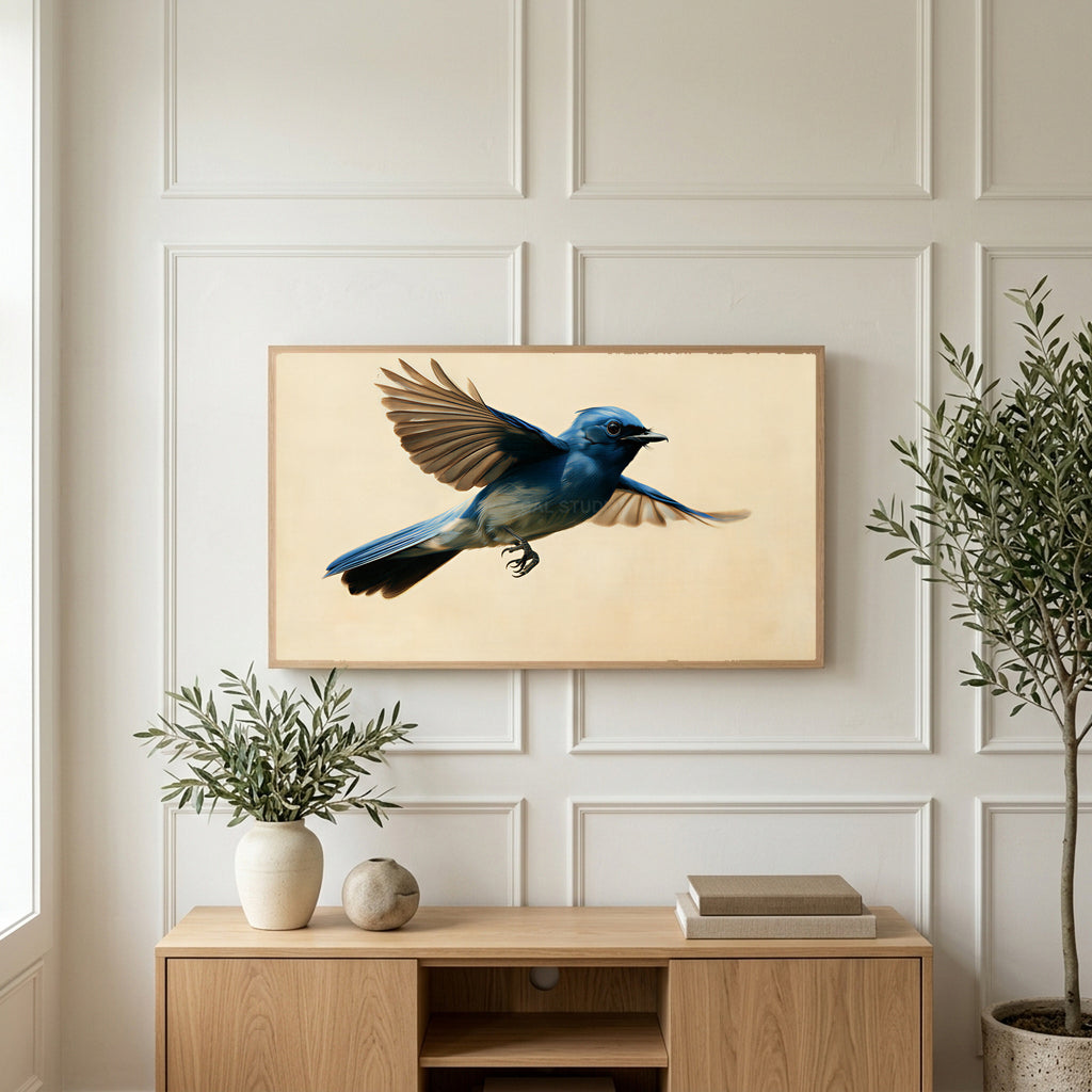 Blue flycatcher art on a TV above a light oak sideboard with olive branches in a bright living room