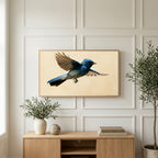 Blue flycatcher art on a TV above a light oak sideboard with olive branches in a bright living room
