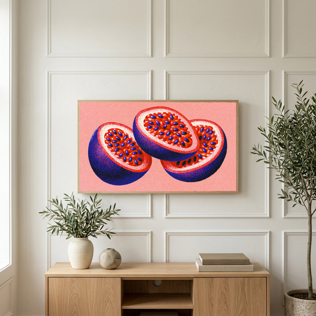 Passion fruit art on a TV above a light oak sideboard with olive branches in a bright living room