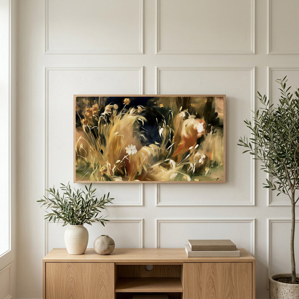 Wild grass and white flower art on a TV above a light oak sideboard with olive branches in a bright living room