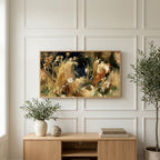 Wild grass and white flower art on a TV above a light oak sideboard with olive branches in a bright living room