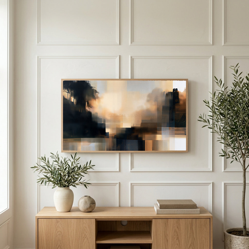 Moody abstract glow art on a TV above a light oak sideboard with olive branches in a bright living room