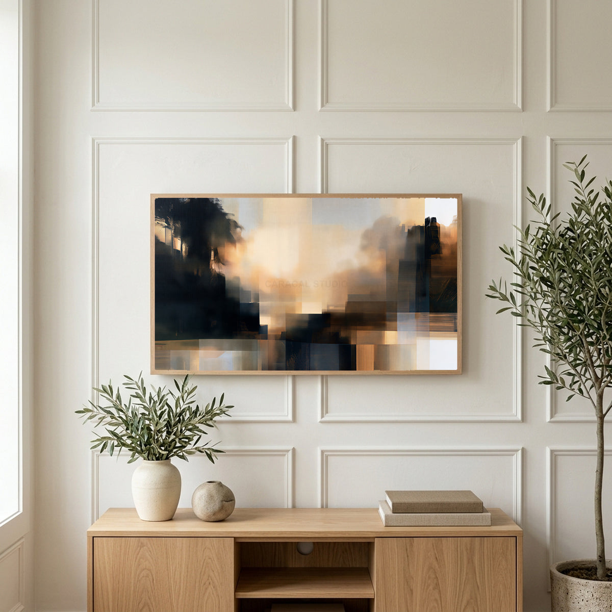 Moody abstract glow art on a TV above a light oak sideboard with olive branches in a bright living room