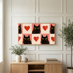 Black cat and heart art on a TV above a light oak sideboard with olive branches in a bright living room