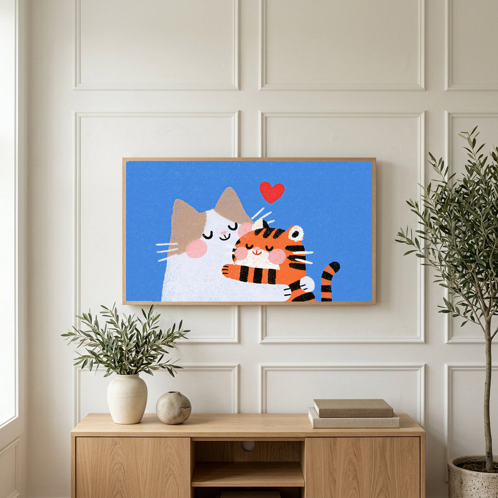 Two cats with a heart art on a TV above a light oak sideboard with olive branches in a bright living room