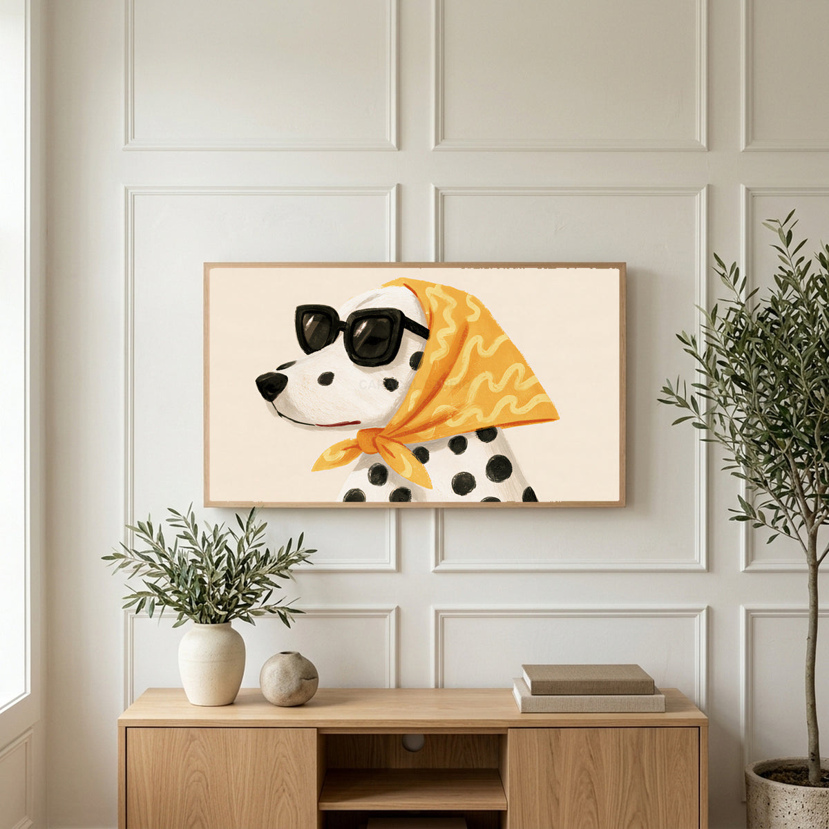 Dalmatian art on a TV above a light oak sideboard with olive branches in a bright living room
