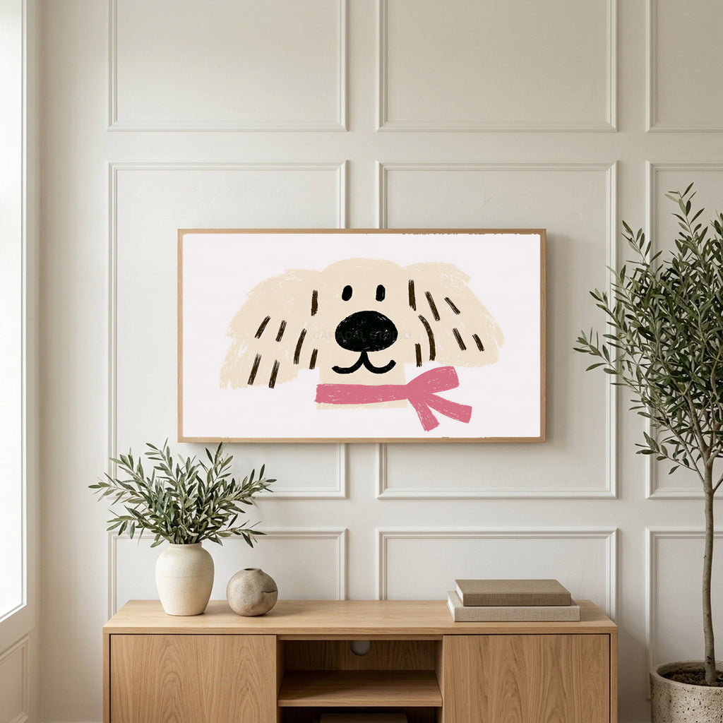 Puppy with a pink scarf art on a TV above a light oak sideboard with olive branches in a bright living room