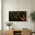 Heron still life art on a TV above a light oak sideboard with olive branches in a bright living room