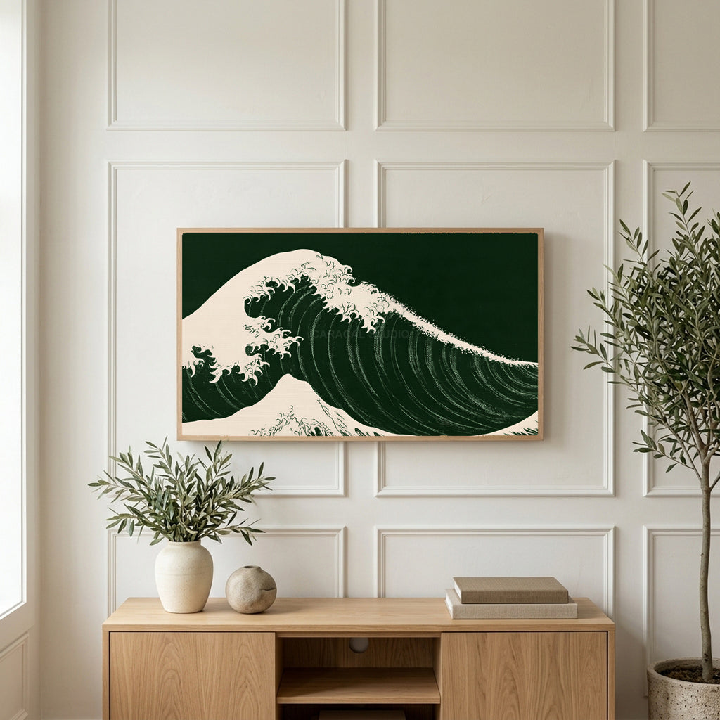 Japanese wave art on a TV above a light oak sideboard with olive branches in a bright living room
