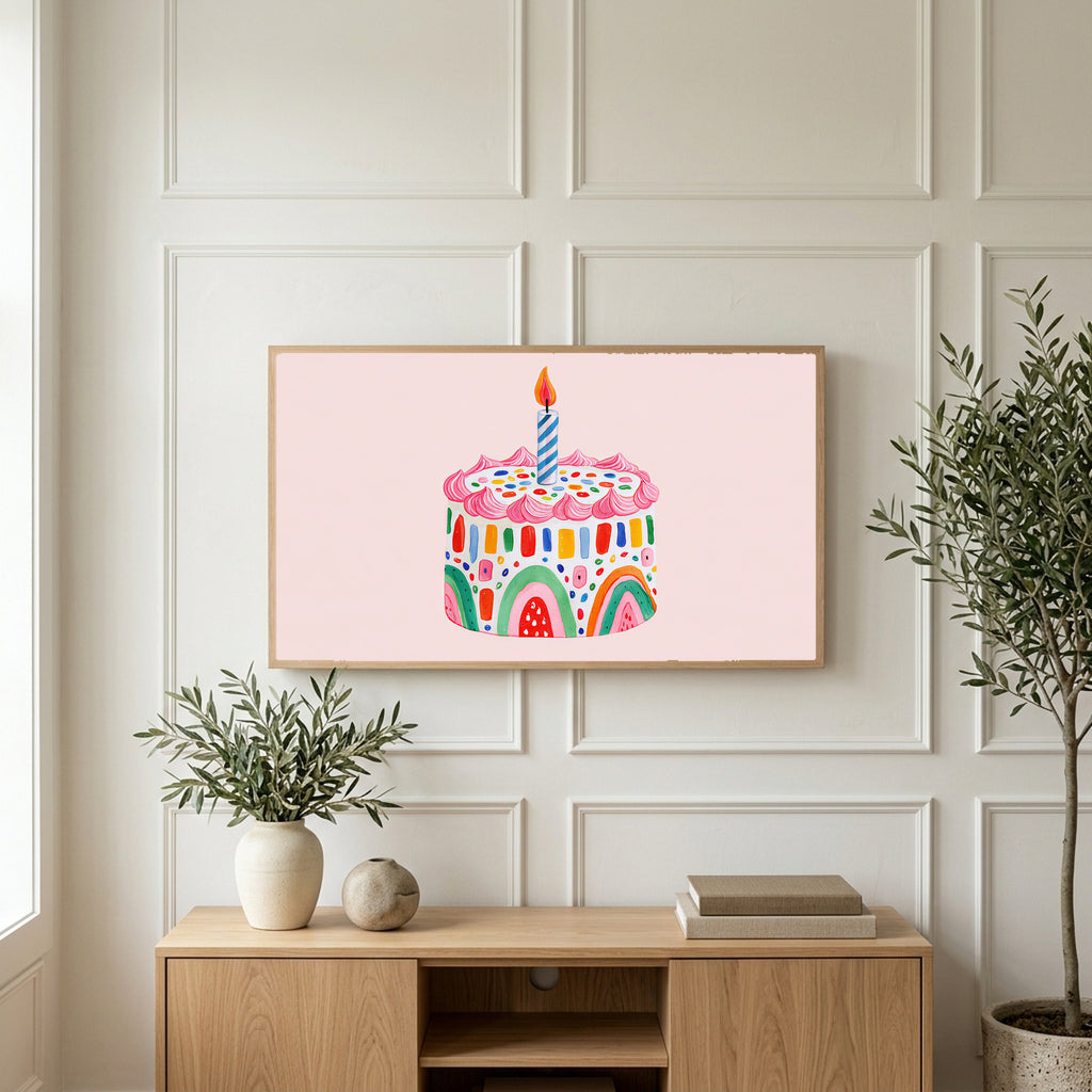 Rainbow birthday cake art on a TV above a light oak sideboard with olive branches in a bright living room