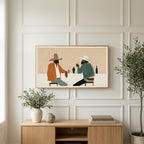 Cowboys and saloon drinks art on a TV above a light oak sideboard with olive branches in a bright living room