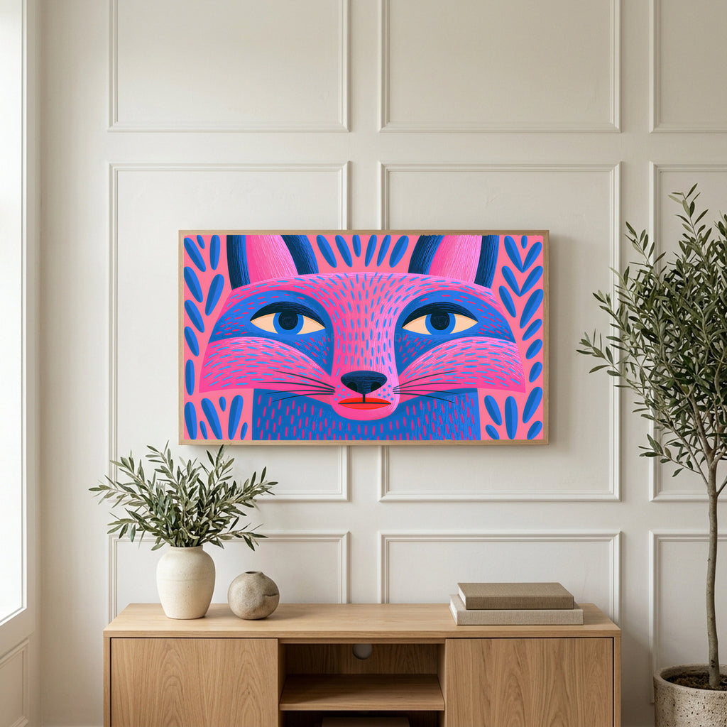 Pink folk art fox art on a TV above a light oak sideboard with olive branches in a bright living room