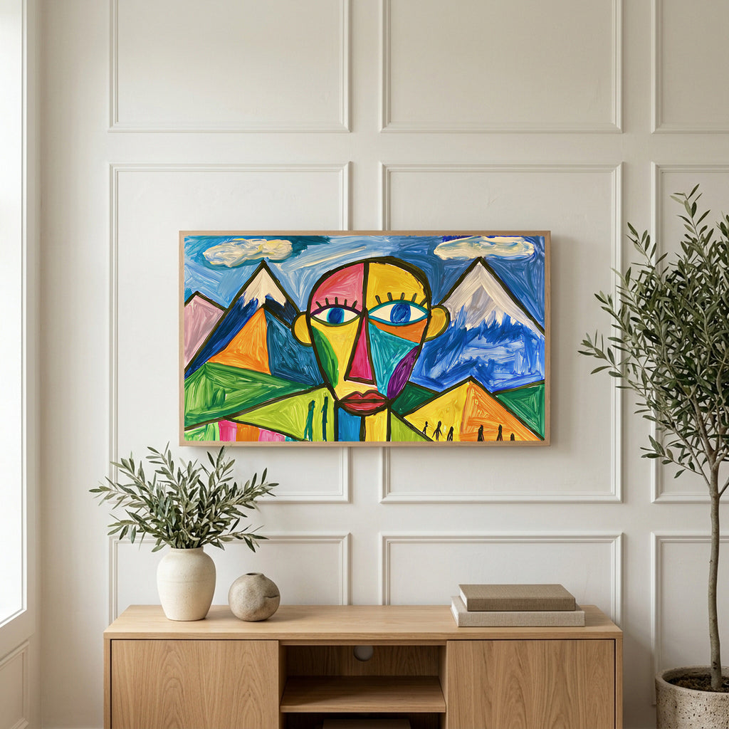 Color block face art on a TV above a light oak sideboard with olive branches in a bright living room