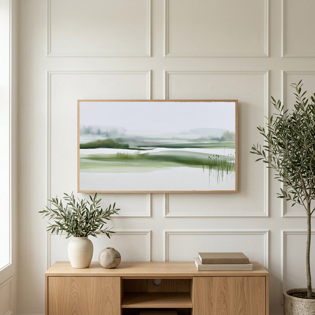 Misty wetland art on a TV above a light oak sideboard with olive branches in a bright living room