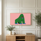 Grumpy gorilla art on a TV above a light oak sideboard with olive branches in a bright living room